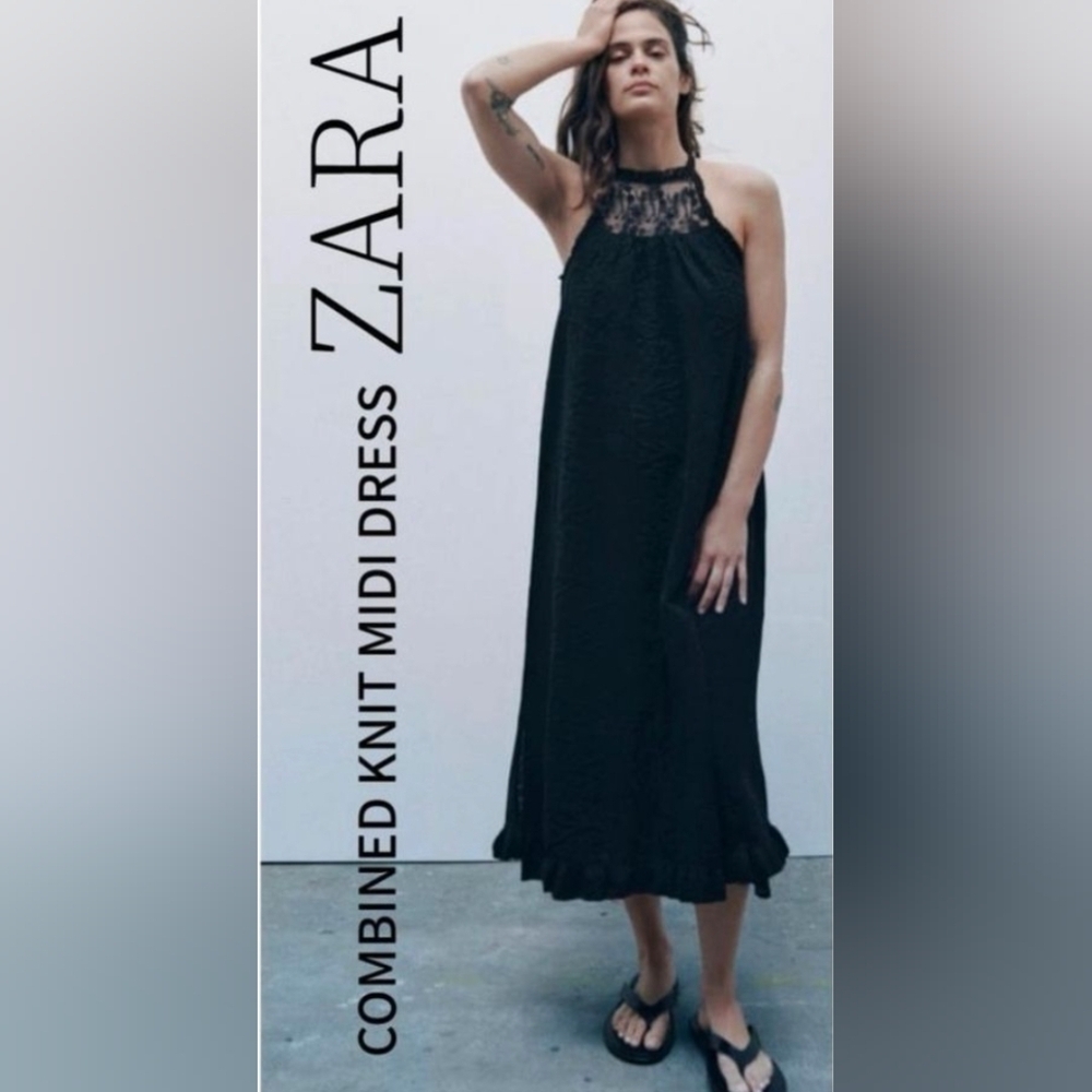NWT Zara Mixed Knit Crochet Midi Dress Size  S